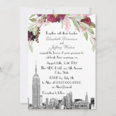 NYC Skyline ESB Etch Burgundy Pink Floral Wedding Einladung (Vorderseite)