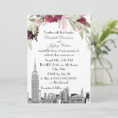 NYC Skyline ESB Etch Burgundy Pink Floral Wedding Einladung (Stehend Vorderseite)