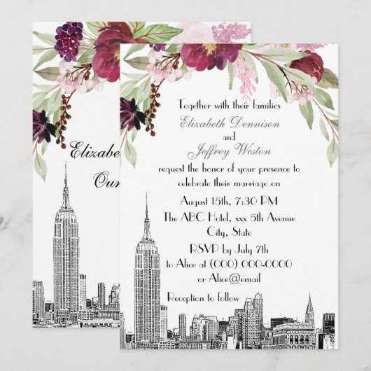 NYC Skyline ESB Etch Burgundy Pink Floral Wedding Einladung (Vorne/Hinten)