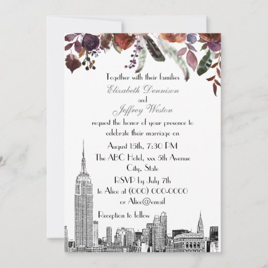 NYC Skyline ESB Etch Burgundy Plum Floral Wedding Einladung (Vorderseite)