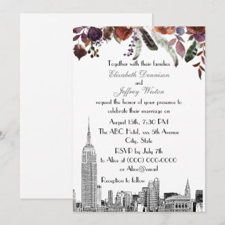 NYC Skyline ESB Etch Burgundy Plum Floral Wedding Einladung