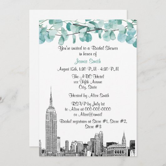 NYC Skyline ESB Etch Eucalyptus Brautparty Einladung (Vorne/Hinten)