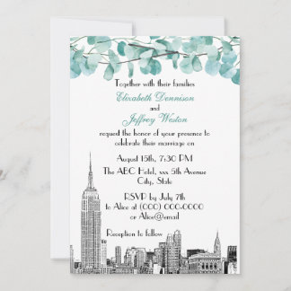 NYC Skyline ESB Etch Eucalyptus Wedding Einladung