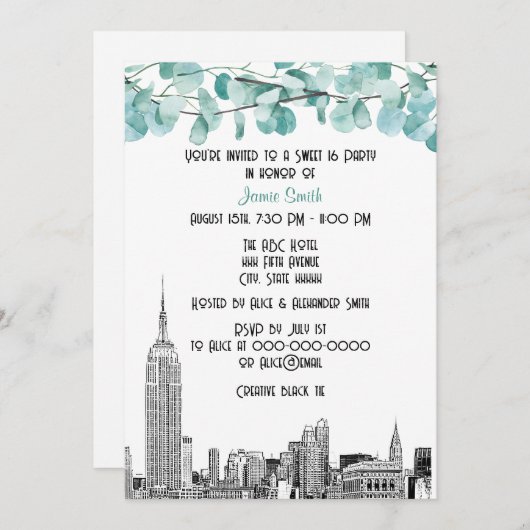 NYC Skyline ESB Etch Eukalyptus Sweet 16 Einladung (Vorne/Hinten)