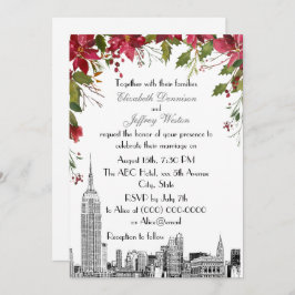 NYC Skyline ESB Etch Holly Poinsettia Wedding Einladung