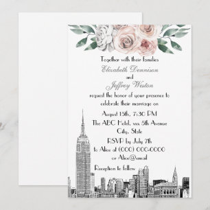 NYC Skyline ESB Etch Lt Pink Gray Floral Wedding Einladung