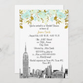 NYC Skyline ESB Etch Mint Gld Floral Brautparty Einladung (Vorne/Hinten)