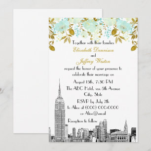 NYC Skyline ESB Etch Mint Gold Floral Wedding Einladung