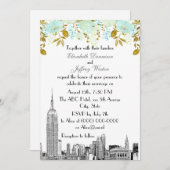 NYC Skyline ESB Etch Mint Gold Floral Wedding Einladung (Vorne/Hinten)