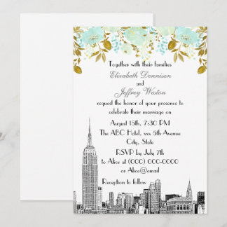 NYC Skyline ESB Etch Mint Gold Floral Wedding Einladung