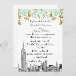 NYC Skyline ESB Etch Mint Gold Floral Wedding Einladung