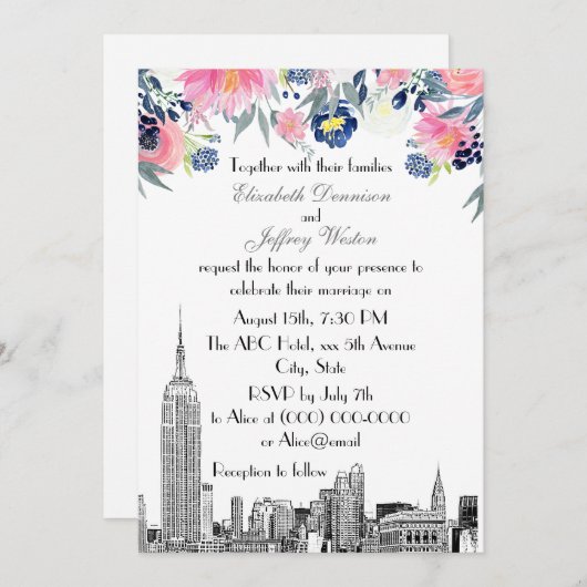 NYC Skyline ESB Etch Pink Blue Floral Wedding Einladung (Vorne/Hinten)