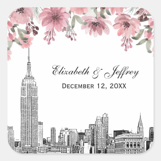 NYC Skyline ESB Etch Pink Floral Water Quadratischer Aufkleber (Vorderseite)