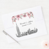 NYC Skyline ESB Etch Pink Floral Water Quadratischer Aufkleber (Umschlag)
