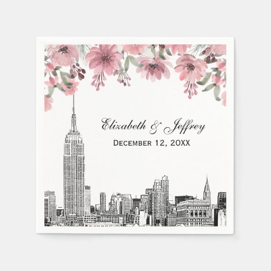 NYC Skyline ESB Etch Pink Floral Water Serviette (Vorderseite)