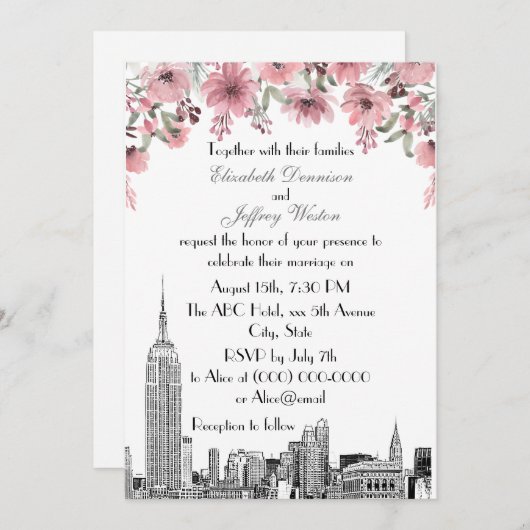 NYC Skyline ESB Etch Pink Floral Wedding Einladung (Vorne/Hinten)