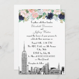 NYC Skyline ESB Etch Pink WhBlue Gold Floral Einladung