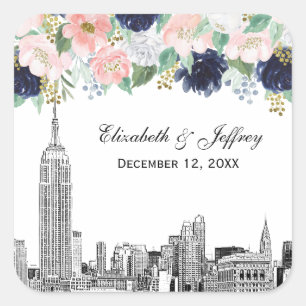 NYC Skyline ESB Etch Pink WhBlue Gold Floral Quadratischer Aufkleber