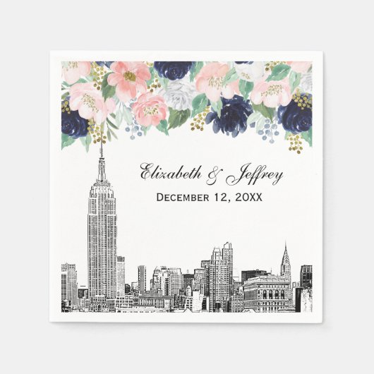 NYC Skyline ESB Etch Pink WhBlue Gold Floral Serviette (Vorderseite)
