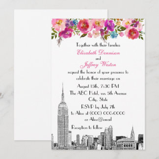 NYC Skyline ESB Etch Spring Pink Floral Wedding Einladung