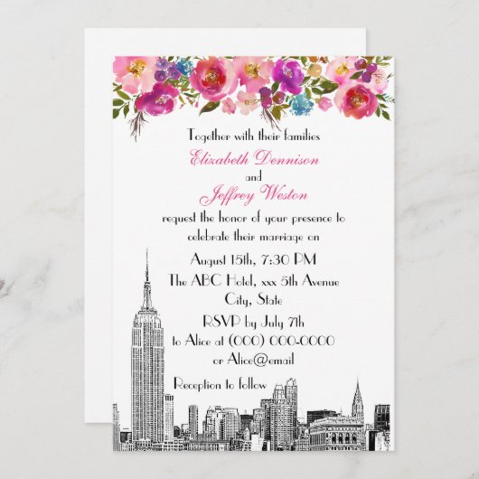 NYC Skyline ESB Etch Spring Pink Floral Wedding Einladung (Vorne/Hinten)