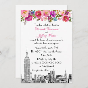 NYC Skyline ESB Etch Spring Pink Floral Wedding Einladung