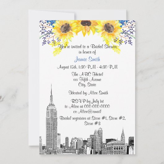 NYC Skyline ESB Etch Sunflower #2 Brautparty Einladung (Rückseite)