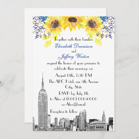 NYC Skyline ESB Etch Sunflower #2 Floral Wedding Einladung (Vorne/Hinten)