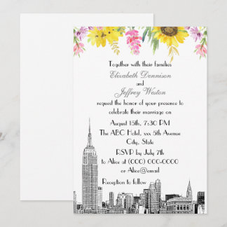 NYC Skyline ESB Etch Sunflower Pink Blume Wedding Einladung