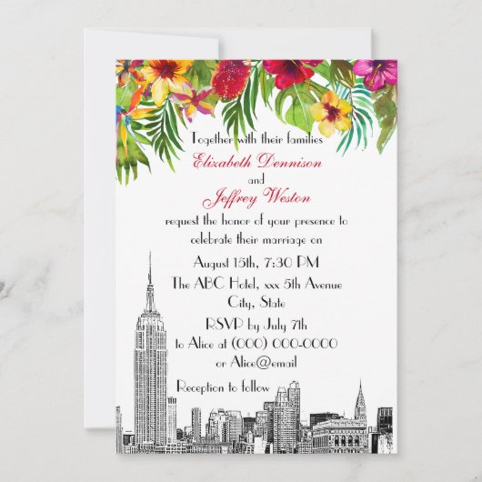 NYC Skyline ESB Etch Tropical Floral Wedding Einladung (Vorderseite)
