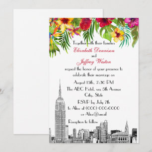 NYC Skyline ESB Etch Tropical Floral Wedding Einladung