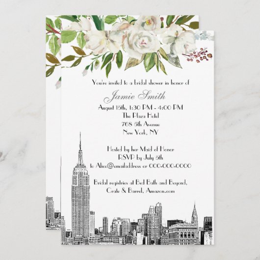 NYC Skyline ESB Etch White Floral Brautparty Einladung (Vorne/Hinten)