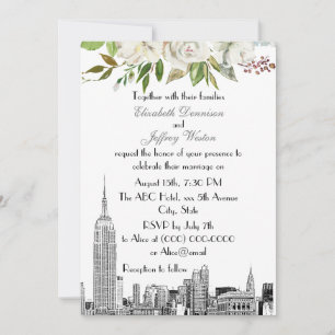 NYC-Skyline ESB Weiße Blumen-Aquarell-Hochzeit #2 Einladung
