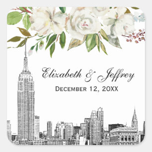 NYC-Skyline ESB Weiße Blumen-Aquarell-Hochzeit Quadratischer Aufkleber