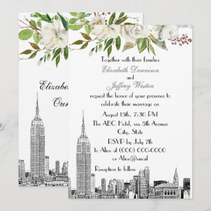NYC Skyline ESB White Floral Watercolor Wedding Einladung