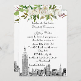 NYC Skyline ESB White Floral Watercolor Wedding Einladung