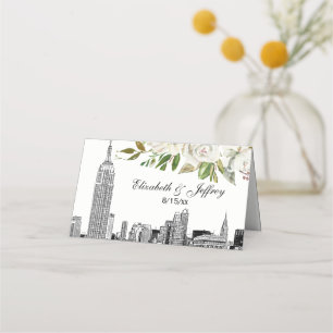 NYC Skyline ESB White Floral Watercolor Wedding Platzkarte
