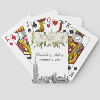 NYC Skyline ESB White Floral Watercolor Wedding Spielkarten