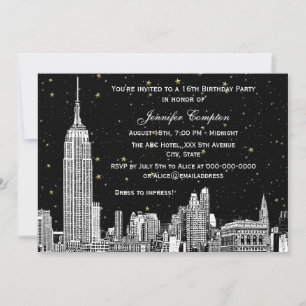 NYC Skyline Etch Starry DIY BG Color SQ Sweet 16 H Einladung