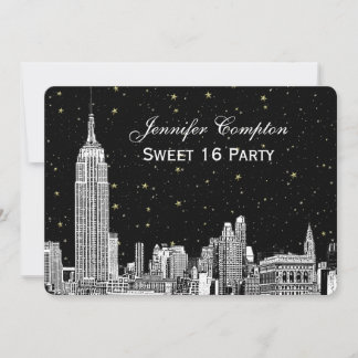 NYC Skyline Etch Starry DIY BG Color SQ Sweet 16 H Einladung