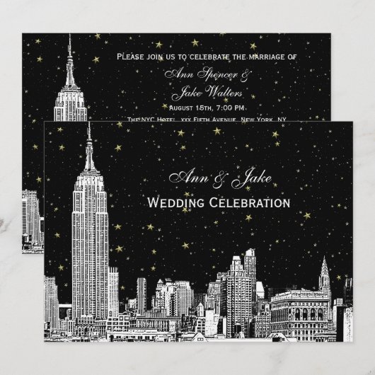 NYC Skyline Etch Starry DIY BG Wedding Invite Einladung (Vorne/Hinten)