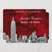NYC Skyline Etch Starry Red BG SQ Sweet 16 H Einladung (Vorne/Hinten)
