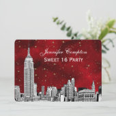 NYC Skyline Etch Starry Red BG SQ Sweet 16 H Einladung (Stehend Vorderseite)