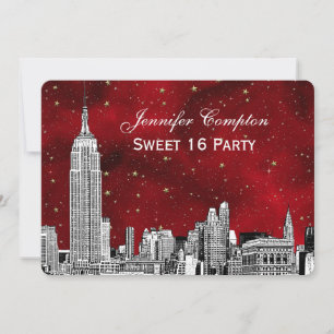 NYC Skyline Etch Starry Red BG SQ Sweet 16 H Einladung