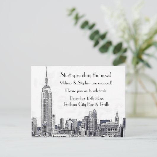 NYC Skyline Etched 01 Engagement Party #2 Einladungspostkarte (Stehend Vorderseite)