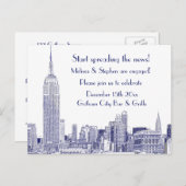 NYC Skyline Etched 01 Engagement Party Blue Einladungspostkarte (Vorne/Hinten)