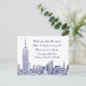 NYC Skyline Etched 01 Engagement Party Blue Einladungspostkarte (Stehend Vorderseite)