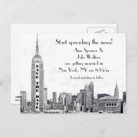 NYC Skyline Etched 01 Save the Date Ankündigungspostkarte (Vorne/Hinten)