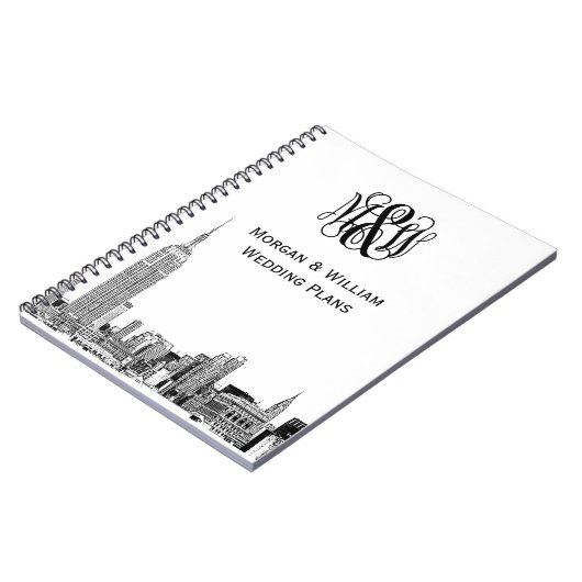 NYC Skyline Etched 01 Vine Script Monogram Notizblock (Linke Seite)