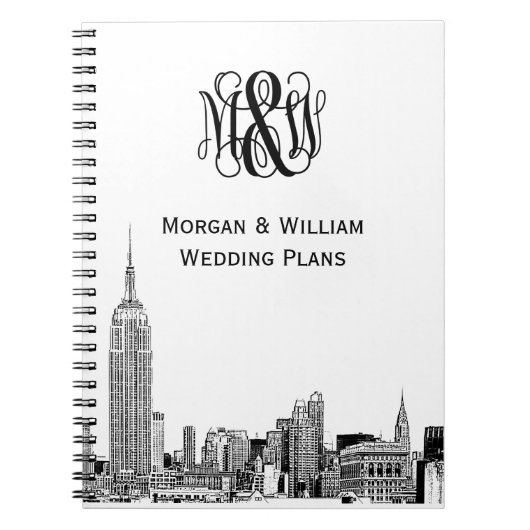 NYC Skyline Etched 01 Vine Script Monogram Notizblock (Vorderseite)